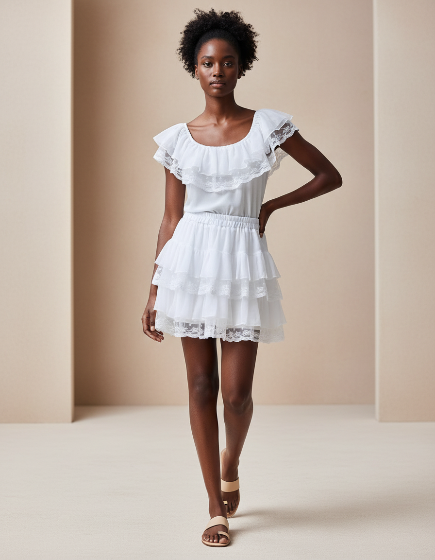 Jupe Patineuse Blanche À Volants Chic