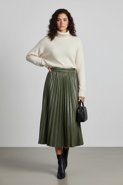 Jupe Patineuse Vert Kaki Plissée Élégante