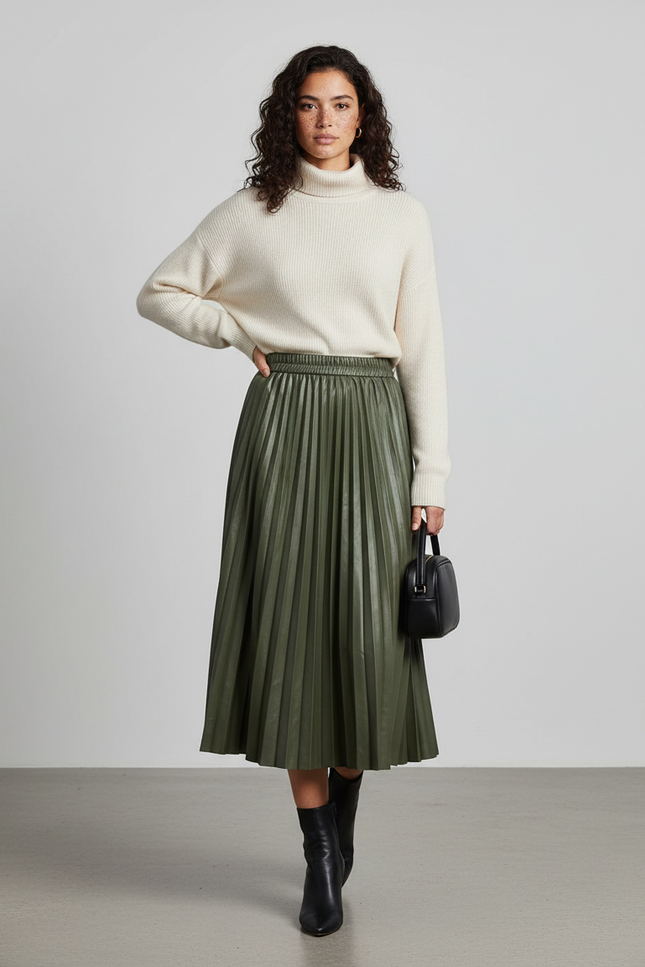 Jupe Patineuse Vert Kaki Plissée Élégante