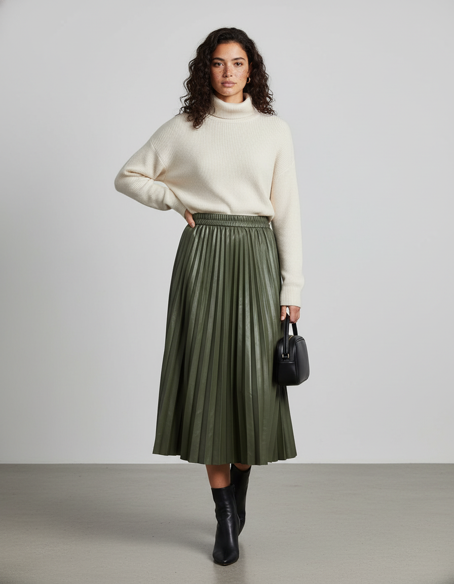 Jupe Patineuse Vert Kaki Plissée Élégante