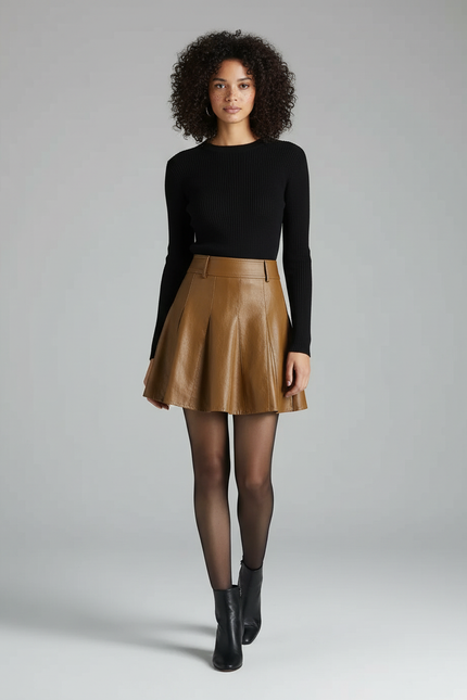 Jupe Patineuse Marron Cuir Élégante
