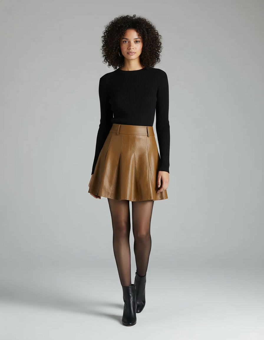 Jupe Patineuse Marron Cuir Élégante