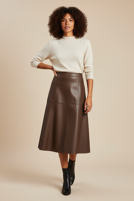 Jupe Patineuse Cuir Marron Évasée Élégante