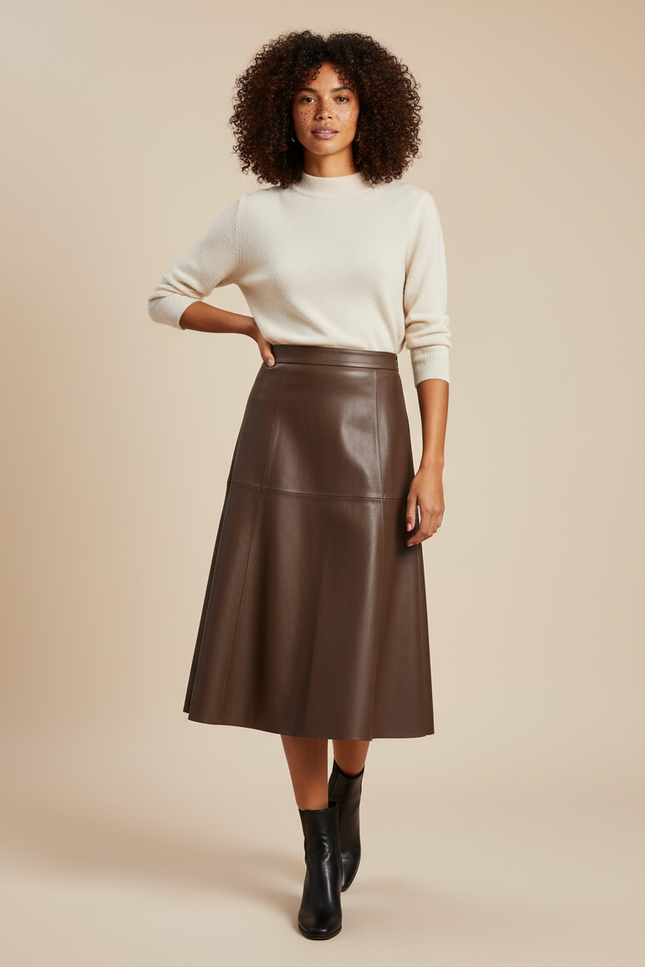 Jupe Patineuse Cuir Marron Évasée Élégante