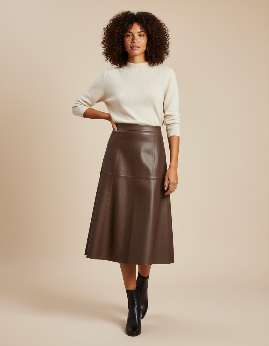 Jupe Patineuse Cuir Marron Évasée Élégante