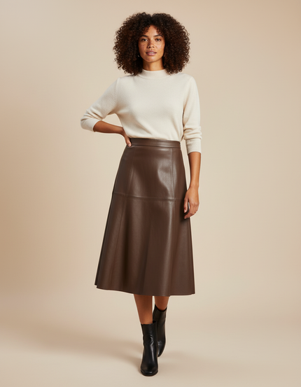 Jupe Patineuse Cuir Marron Évasée Élégante