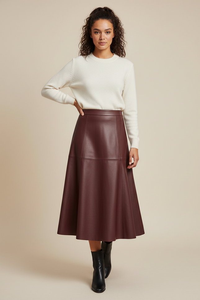 Jupe Patineuse Cuir Bordeaux Élégante