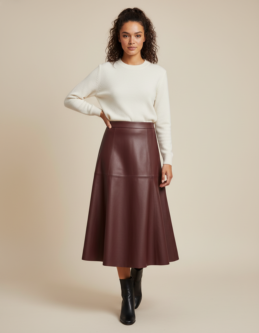 Jupe Patineuse Cuir Bordeaux Élégante