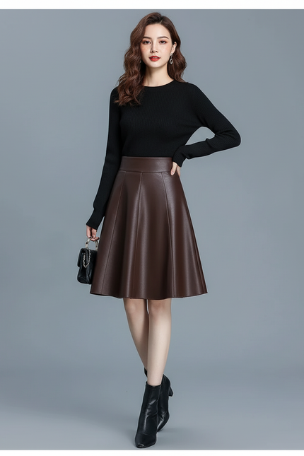 Jupe Patineuse Marron Similicuir Plissée
