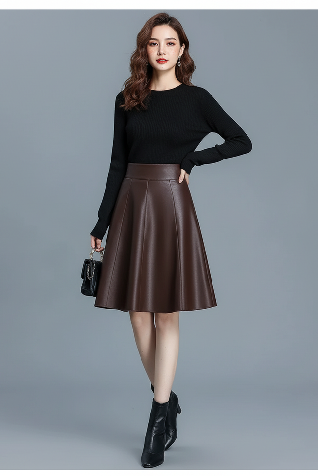 Jupe Patineuse Marron Similicuir Plissée