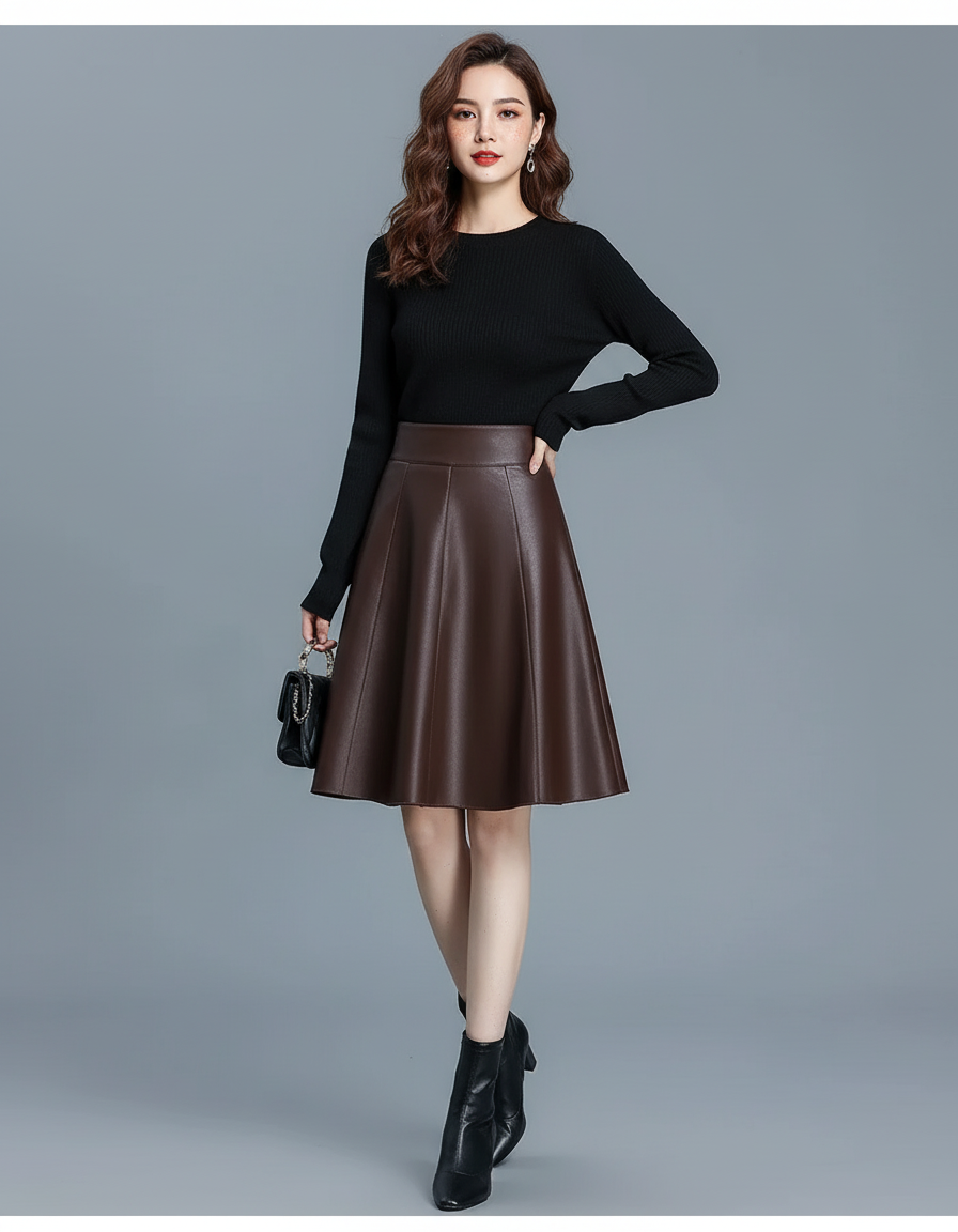 Jupe Patineuse Marron Similicuir Plissée