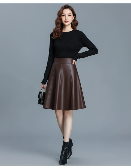 Jupe Patineuse Marron Similicuir Plissée