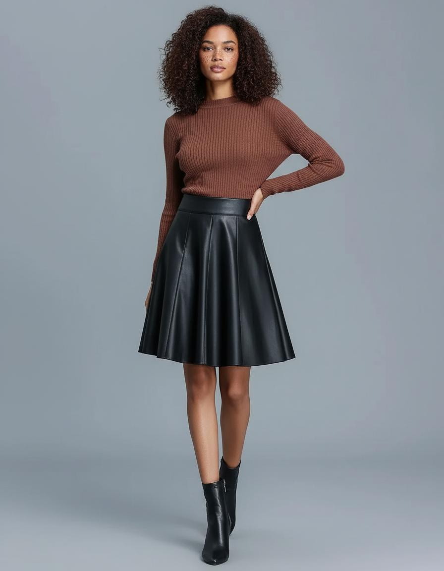 Jupe Patineuse Noire Similicuir Plissée