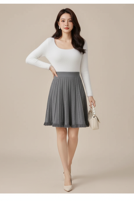 Jupe Patineuse Grise Plissée Chic Minimaliste