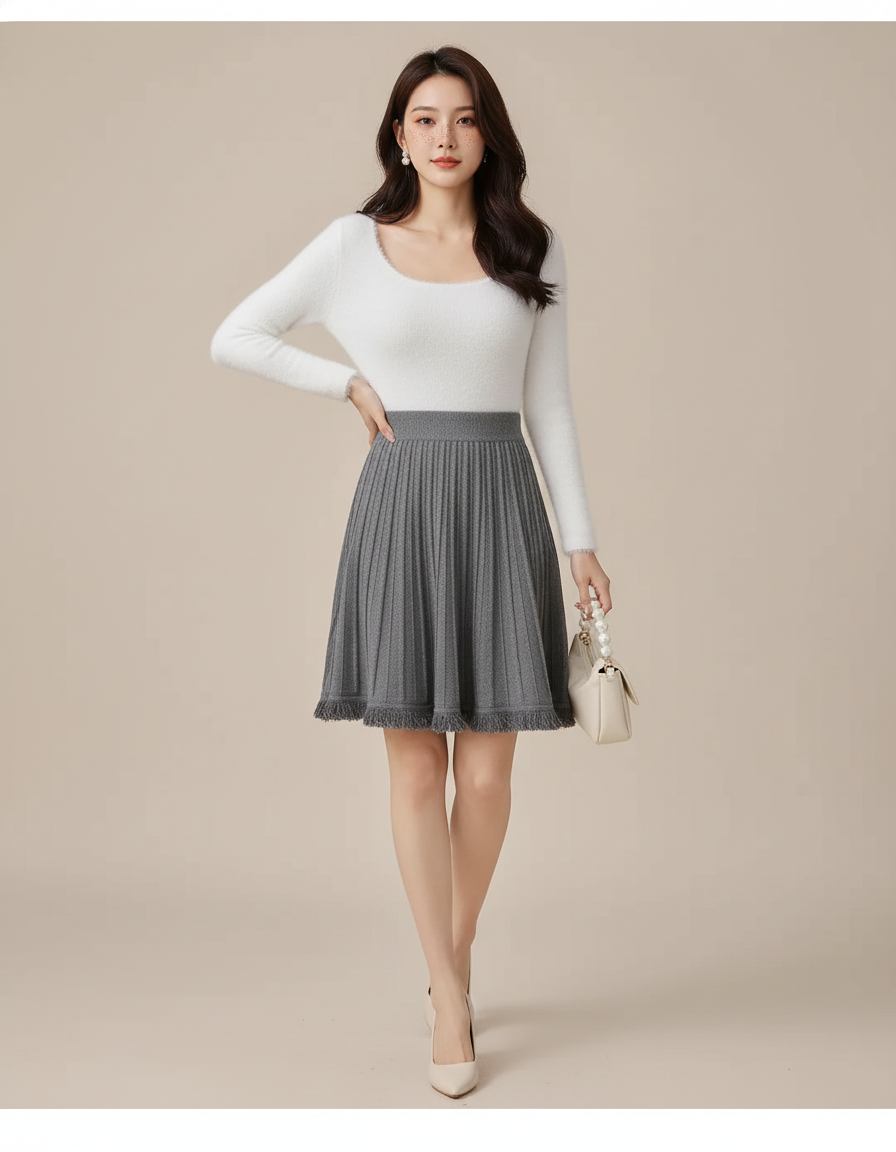 Jupe Patineuse Grise Plissée Chic Minimaliste