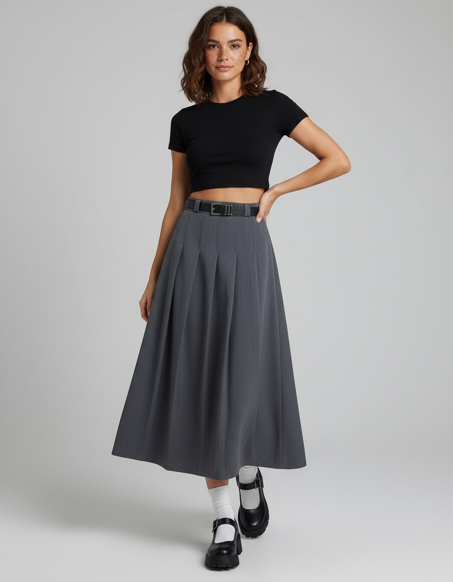 Jupe Patineuse Grise Plissée Chic Élégante Raffinée