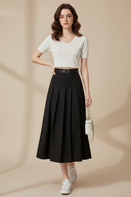 Jupe Patineuse Noire Plissée Élégante Structurée