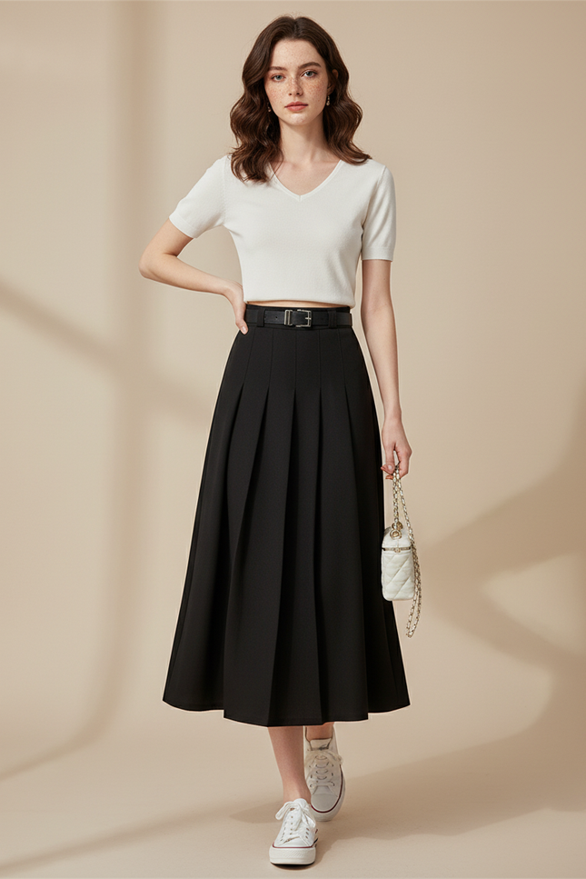 Jupe Patineuse Noire Plissée Élégante Structurée