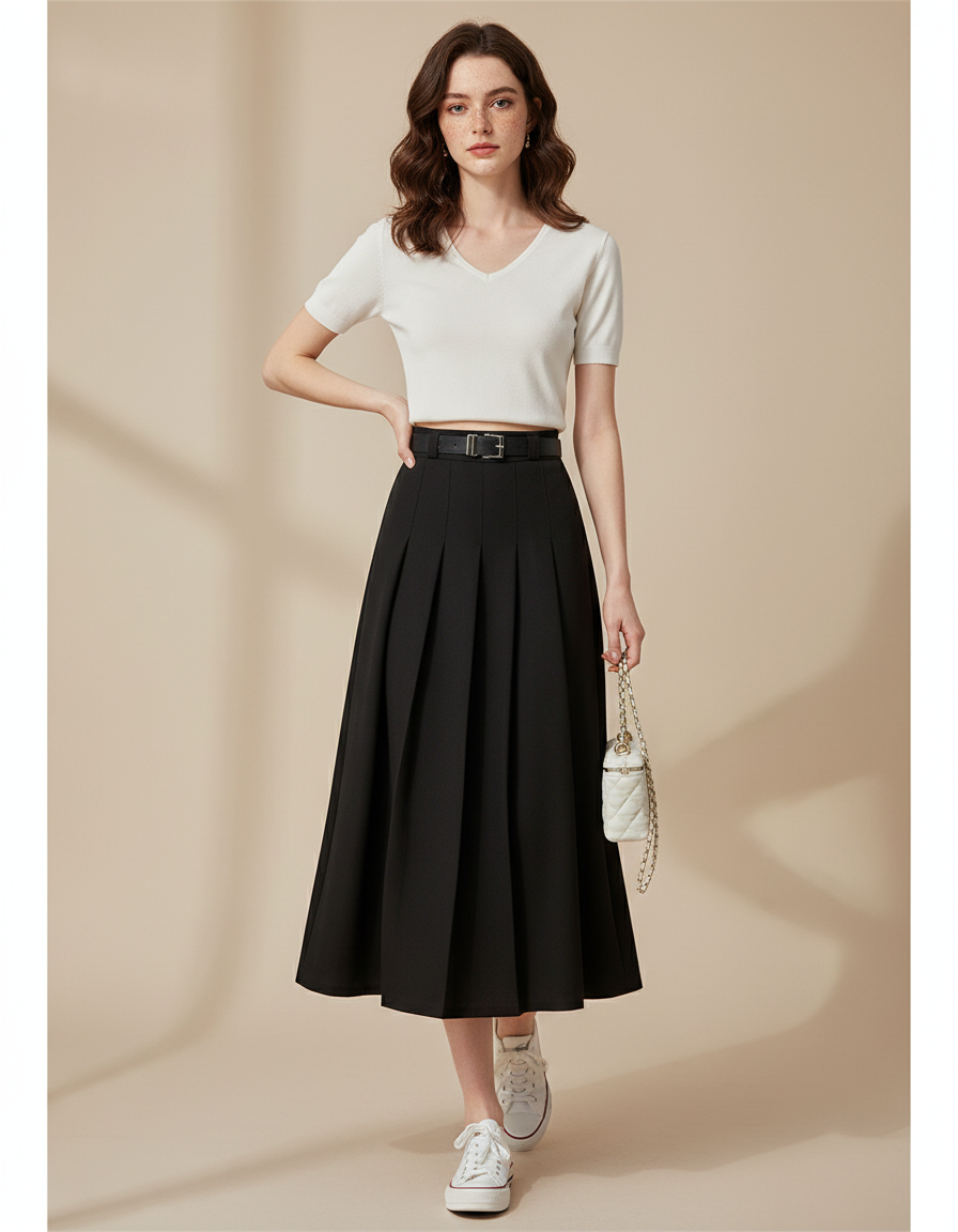 Jupe Patineuse Noire Plissée Élégante Structurée