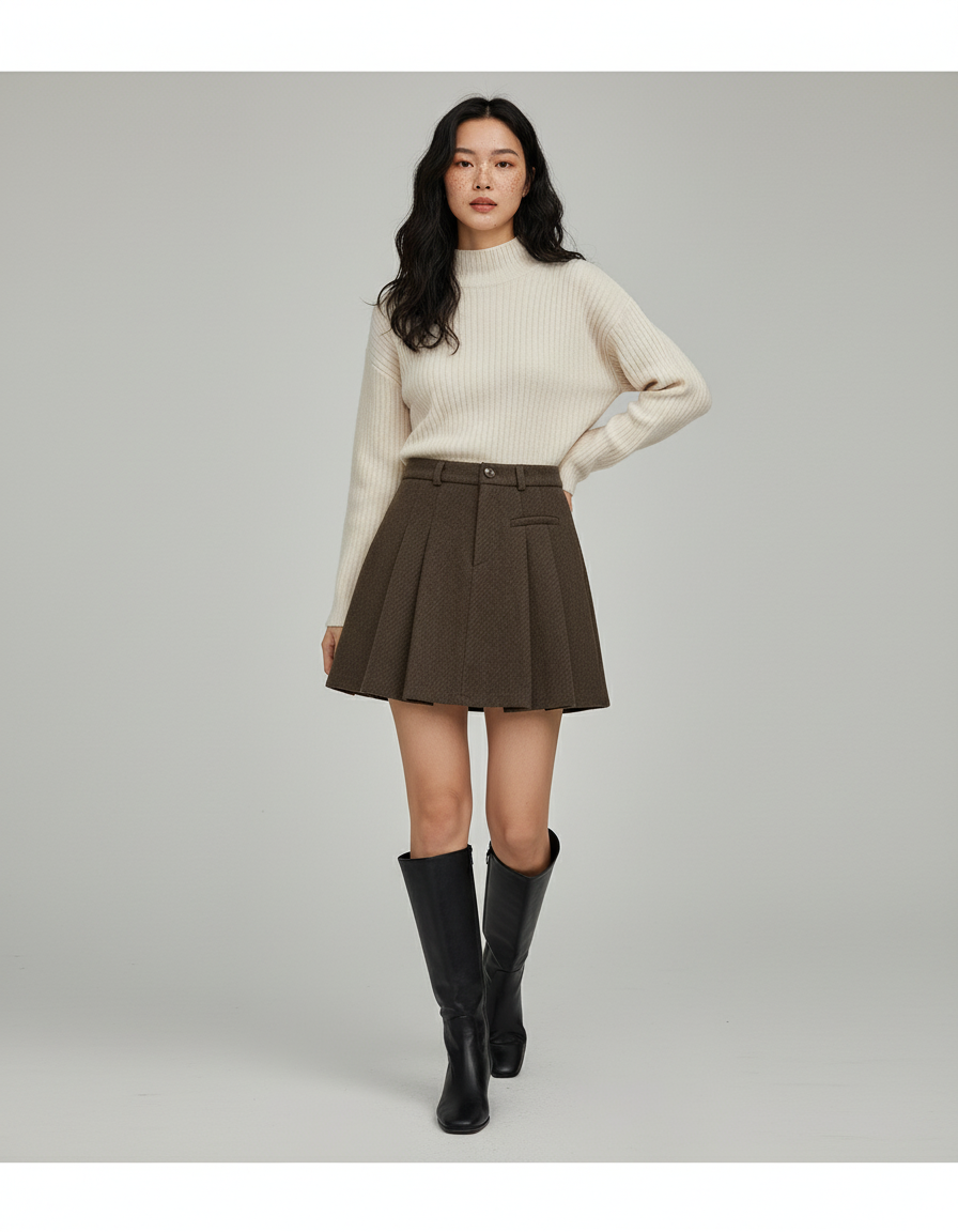 Jupe Patineuse Plissée Marron Chic