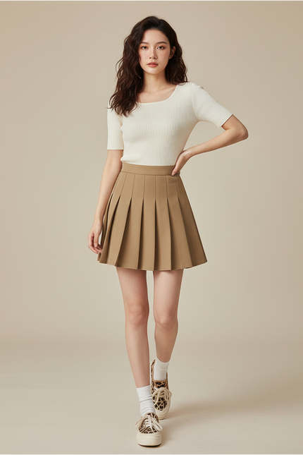 Jupe Patineuse Plissée Beige Preppy