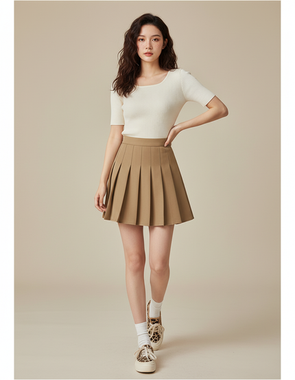 Jupe Patineuse Plissée Beige Preppy