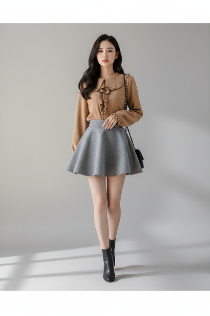 Jupe Patineuse Grise Laine Plissée