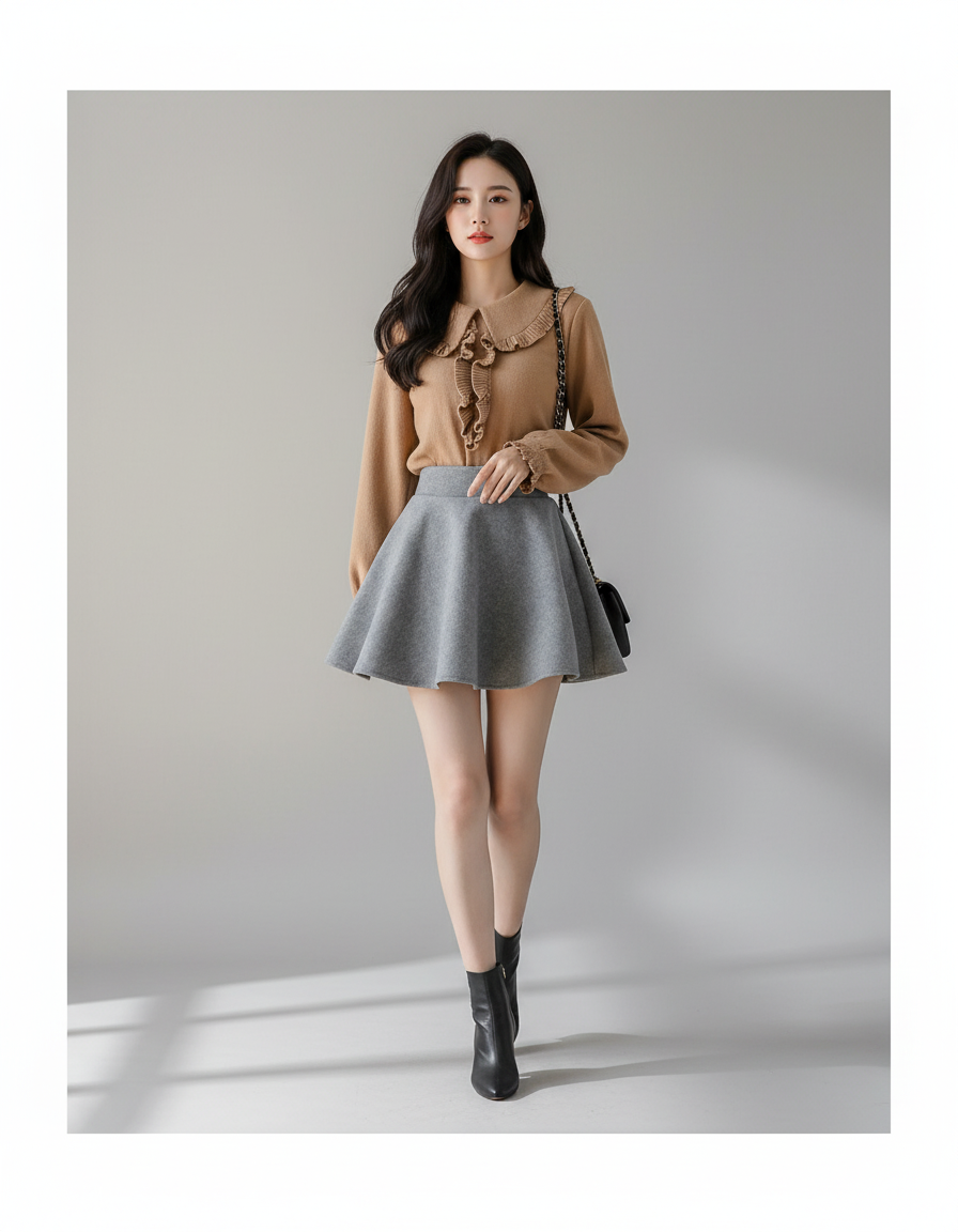 Jupe Patineuse Grise Laine Plissée