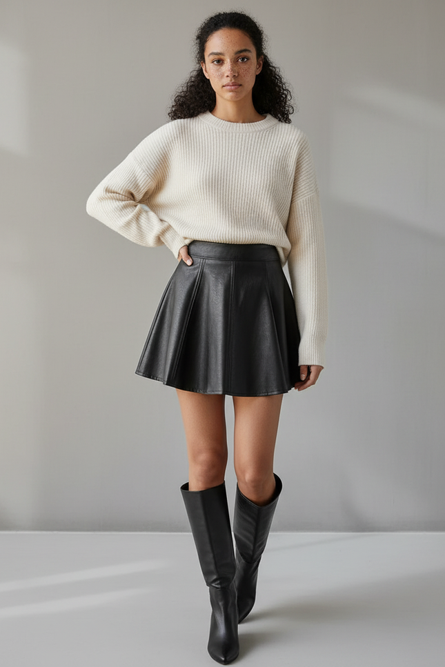 Jupe Patineuse Cuir Noir Plissée