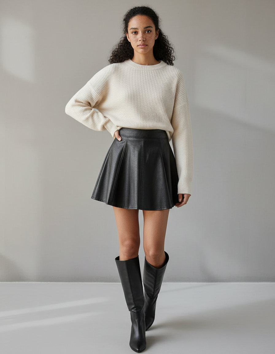 Jupe Patineuse Cuir Noir Plissée