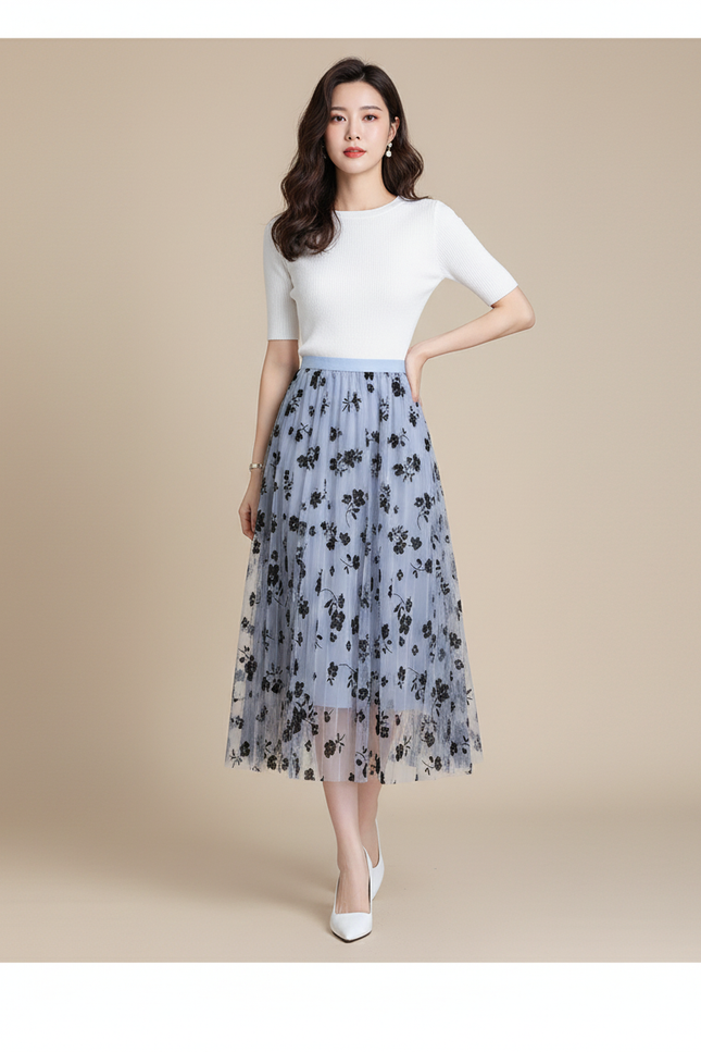 Jupe Patineuse Mi Longue Fleurie