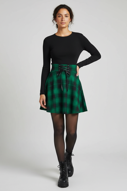 Jupe Patineuse Carreaux Lacée Fluide