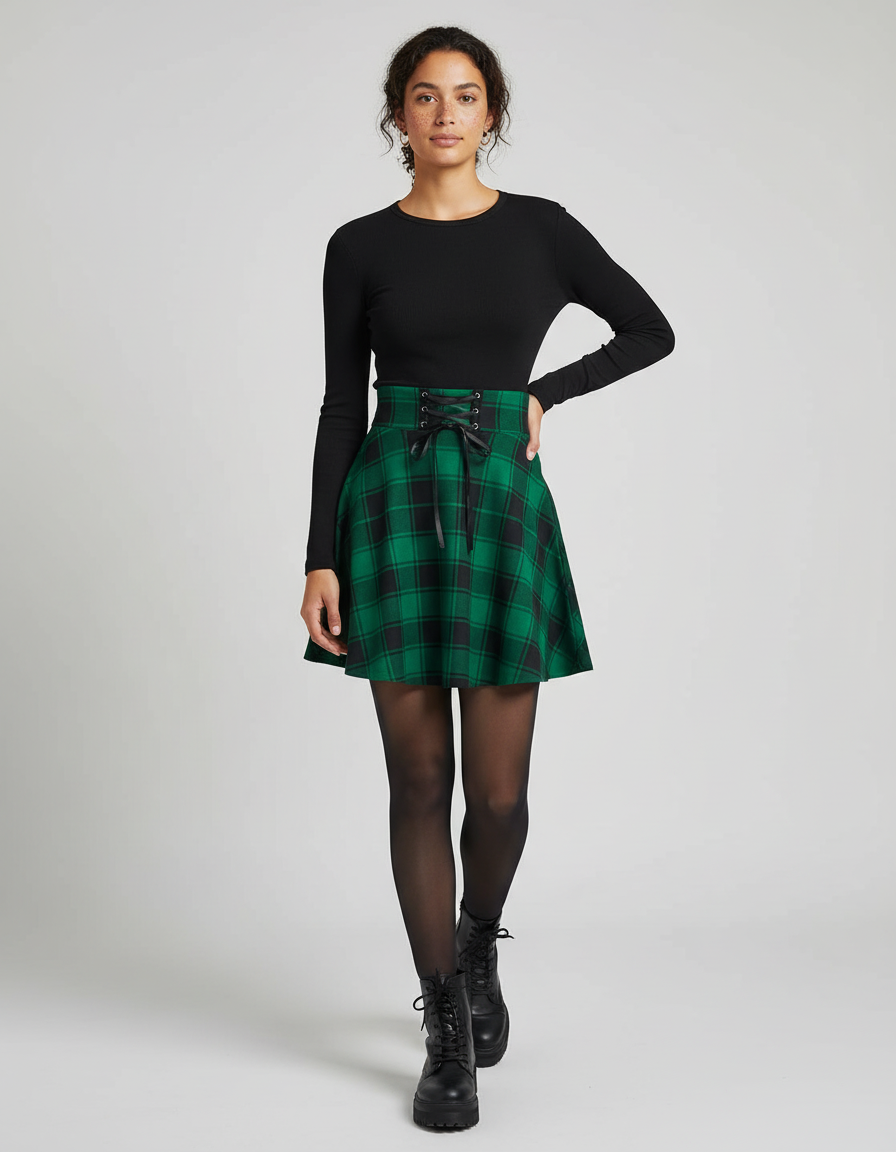 Jupe Patineuse Carreaux Lacée Fluide