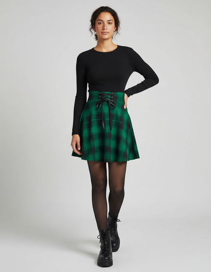 Jupe Patineuse Carreaux Lacée Fluide