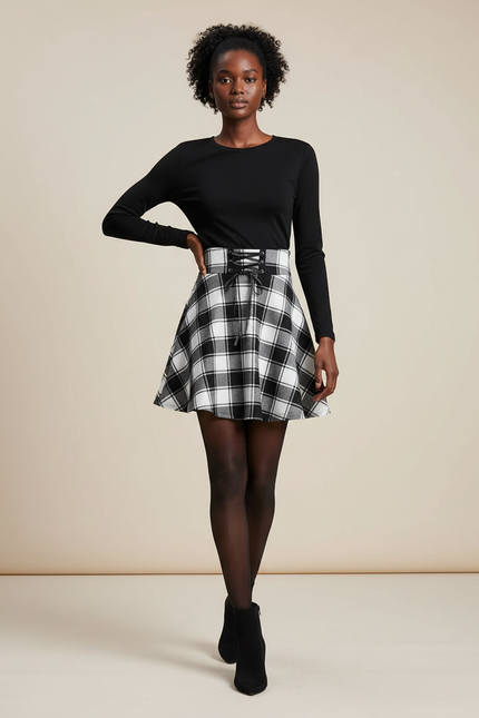 Jupe Patineuse À Carreaux Taille Corset Chic