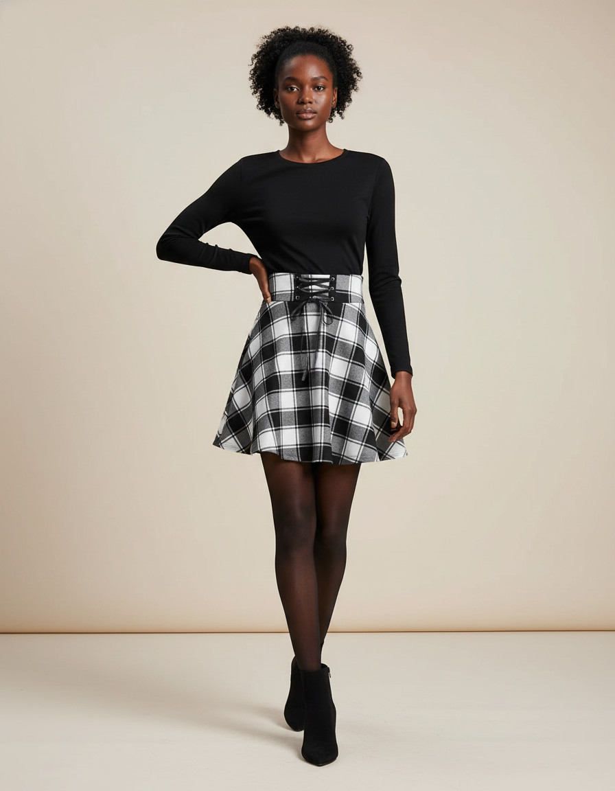 Jupe Patineuse À Carreaux Taille Corset Chic