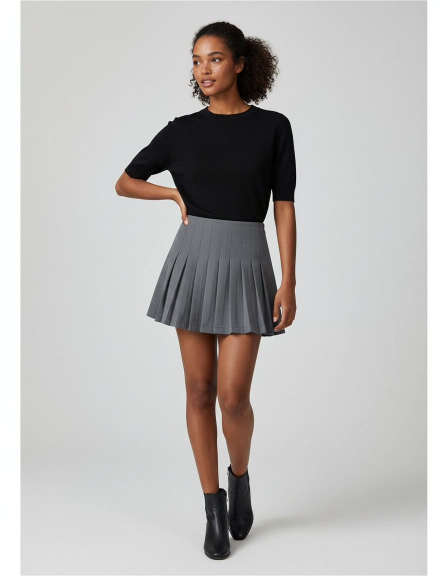 Jupe Patineuse Grise Plissée Chic Soignée