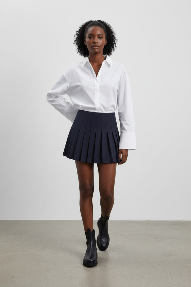 Jupe Patineuse Bleu Marine Plissée Chic