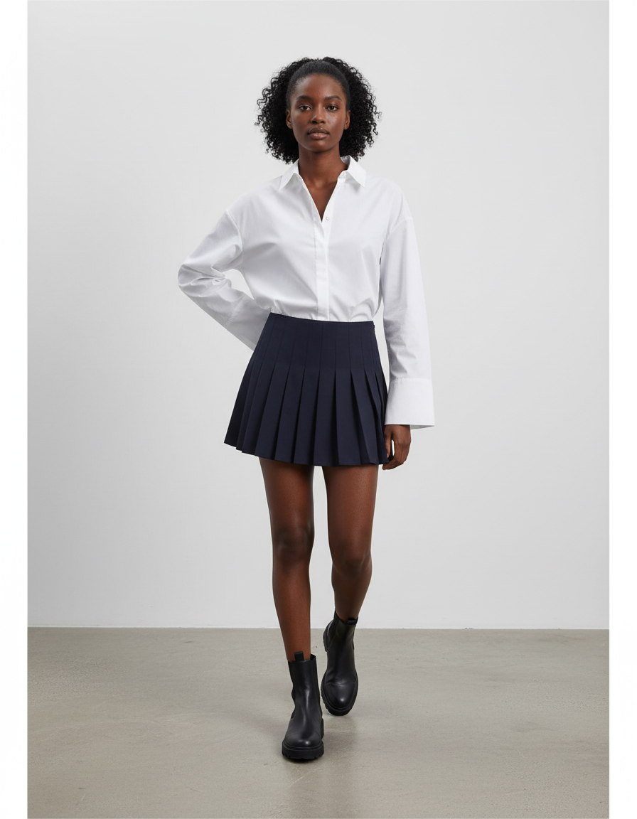 Jupe Patineuse Bleu Marine Plissée Chic