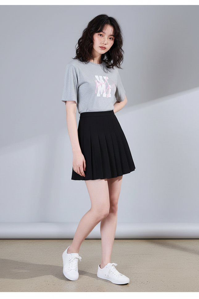 Jupe Patineuse Noire Plissée Décontractée Quotidienne