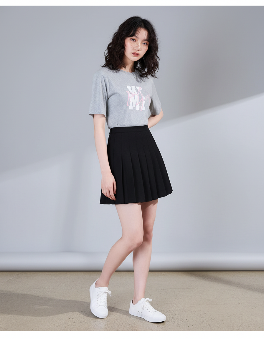 Jupe Patineuse Noire Plissée Décontractée Quotidienne