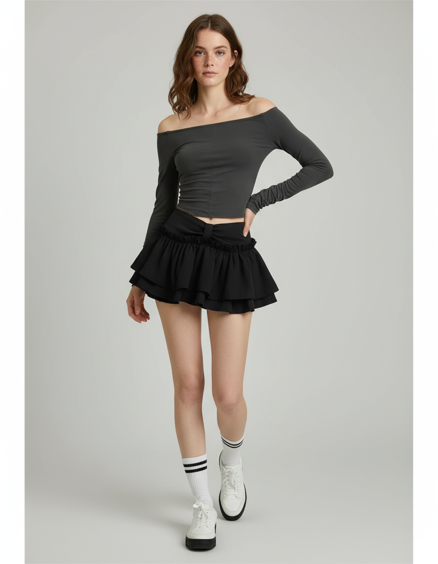 Jupe Patineuse Noire À Volants Chic