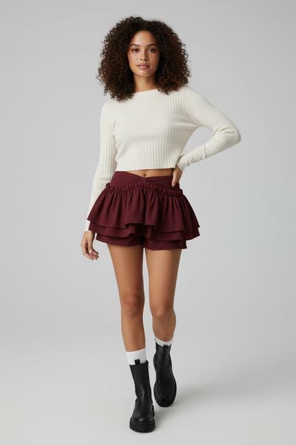 Jupe Patineuse Bordeaux Volants Fluide