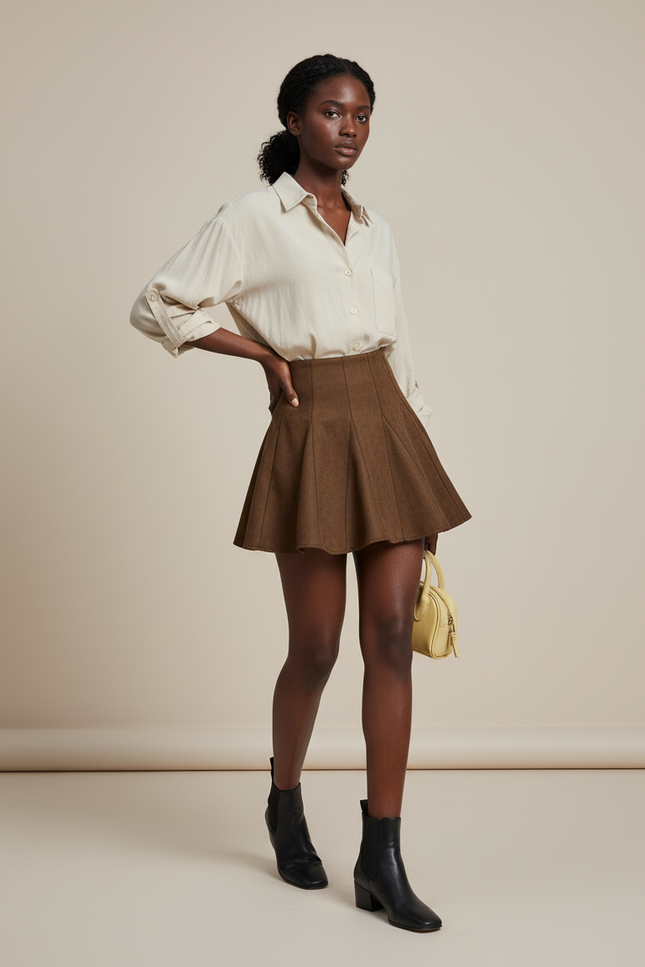 Jupe Patineuse Velours Plissée Marron Chic