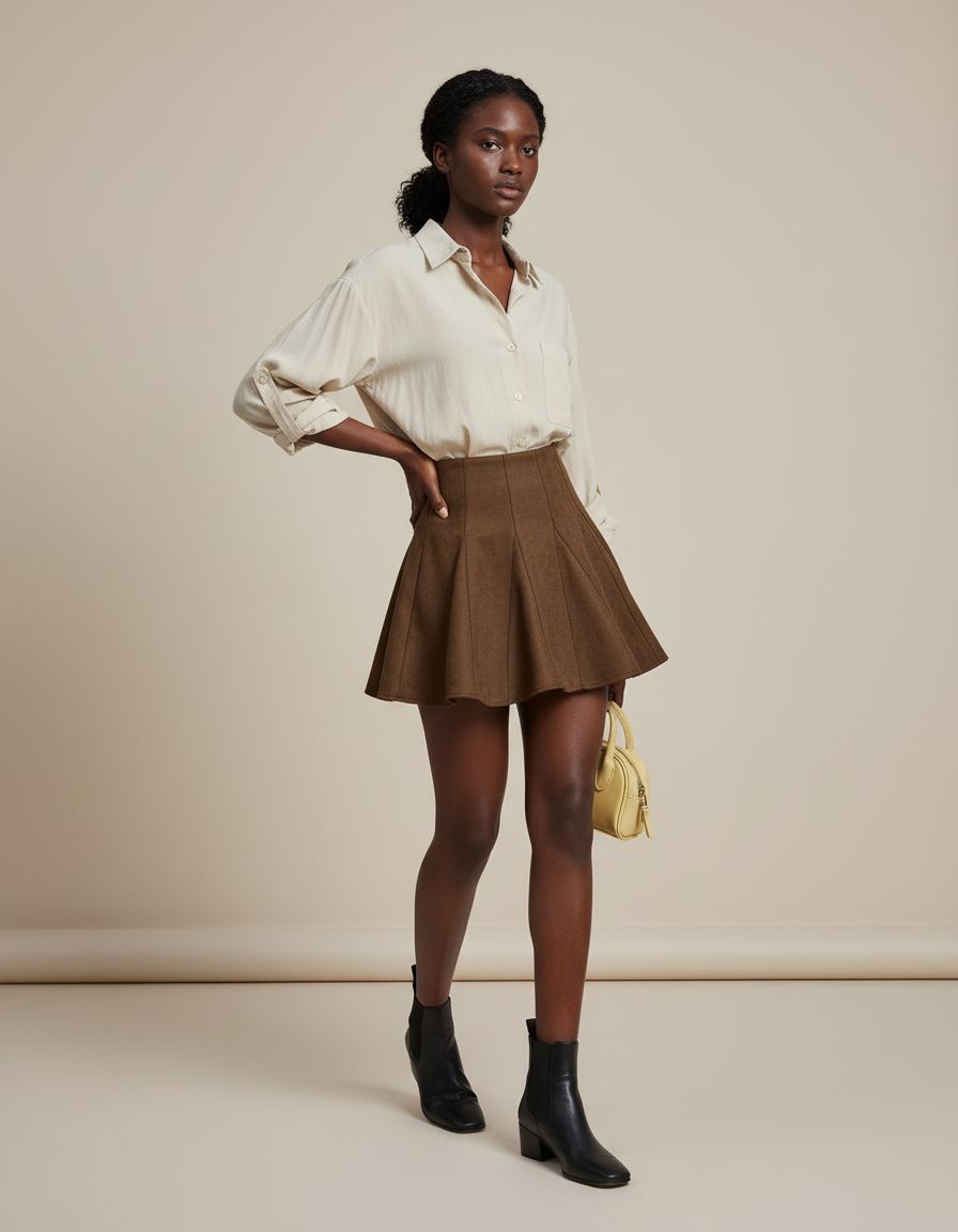 Jupe Patineuse Velours Plissée Marron Chic