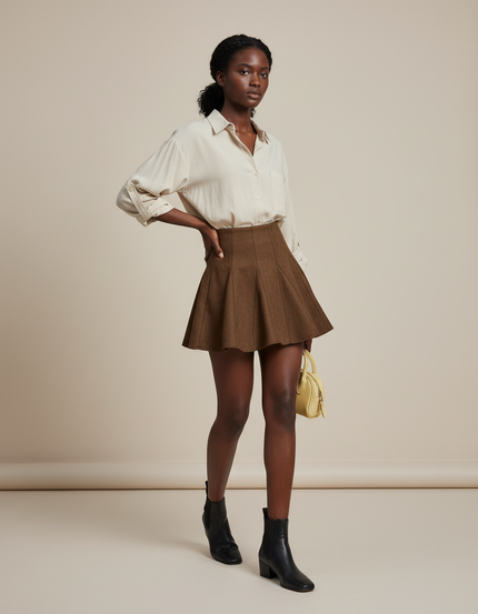 Jupe Patineuse Velours Plissée Marron Chic