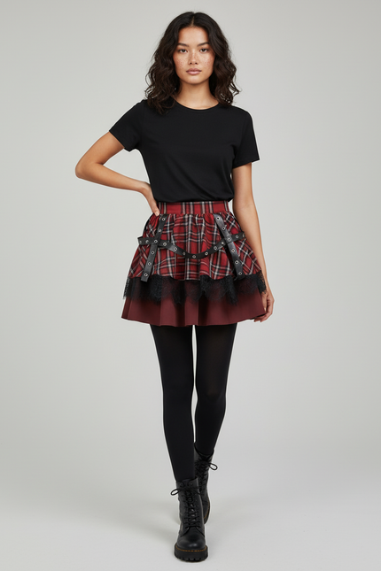 Jupe Patineuse Plaid Dentelle Plissée Chic