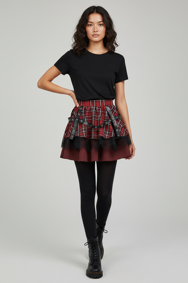 Jupe Patineuse Plaid Dentelle Plissée Chic