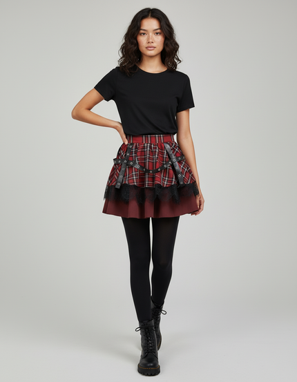 Jupe Patineuse Plaid Dentelle Plissée Chic