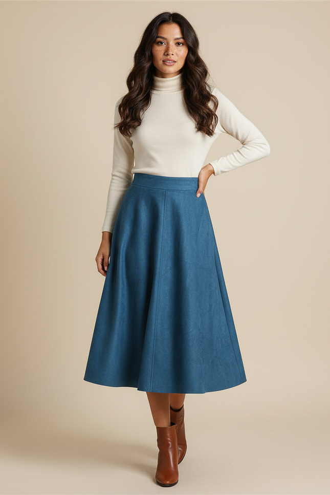 Jupe Patineuse Bleu Pétrole Daim Élégante